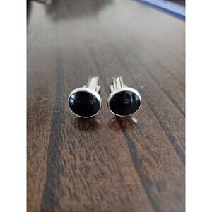 Vintage Black Onyx Cufflinks Round Silver Tone Mid Century Mens